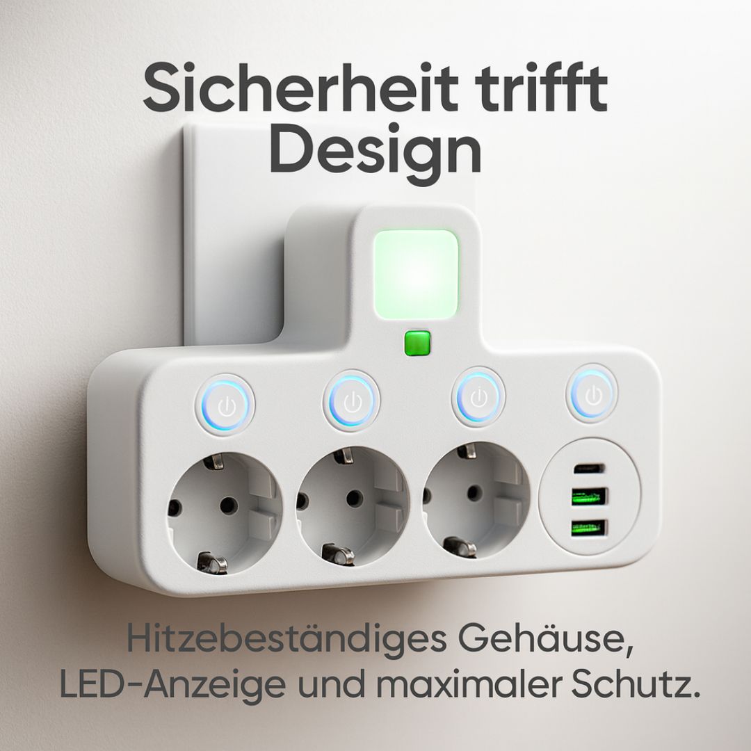 Steckdosenleiste inklusive 3 Steckdose | Mehrfachsteckdose mit USB & Schalter | PowerGrid