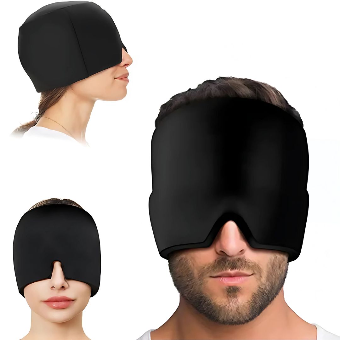 MigraSoothe Exklusiv Gelhaube – Sofortige Linderung bei Kopfschmerzen & Migräne | Kühlender Komfort – Drucktherapie – Lichtabschirmung