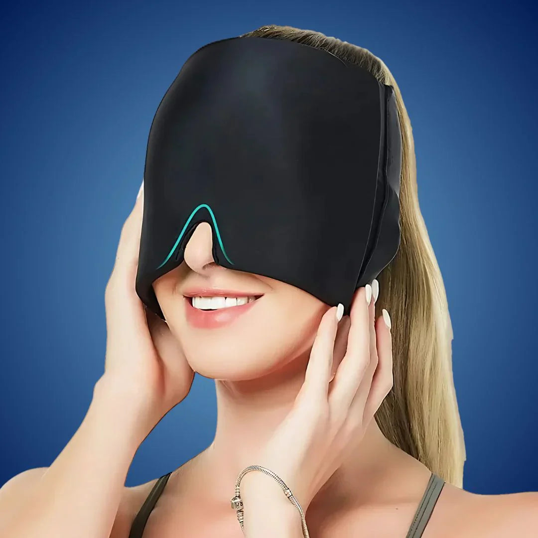 MigraSoothe Exklusiv Gelhaube – Sofortige Linderung bei Kopfschmerzen & Migräne | Kühlender Komfort – Drucktherapie – Lichtabschirmung