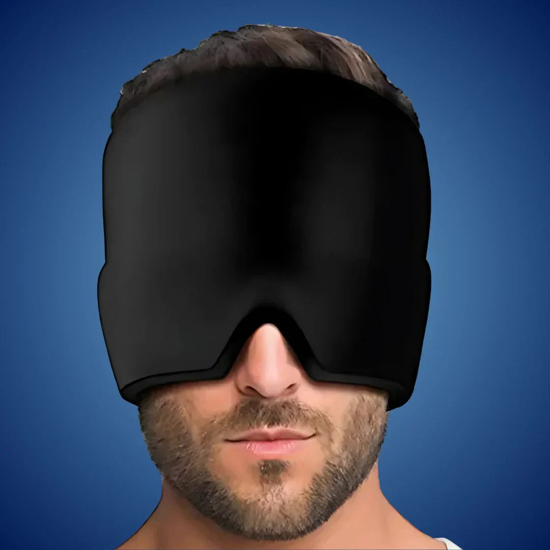 MigraSoothe Exklusiv Gelhaube – Sofortige Linderung bei Kopfschmerzen & Migräne | Kühlender Komfort – Drucktherapie – Lichtabschirmung