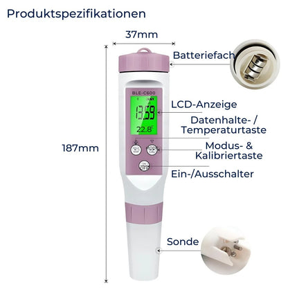 AquaCheck Exklusiv 7-in-1 Wasserqualitätstester – pH, TDS, EC, Temperatur, ORP, Chlor – Für Trinkwasser, Pool, Aquarium, Spa