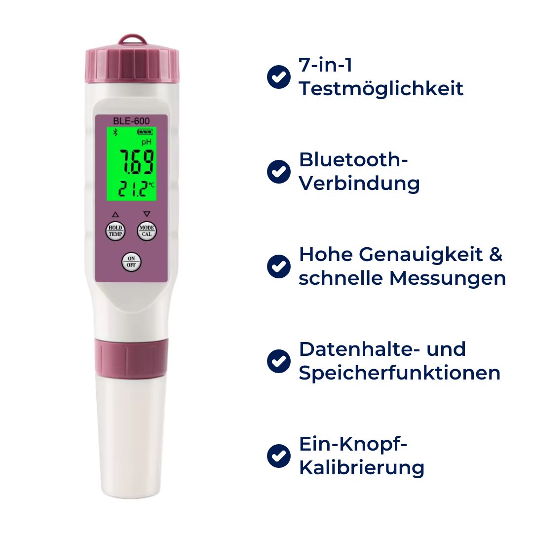 AquaCheck Exklusiv 7-in-1 Wasserqualitätstester – pH, TDS, EC, Temperatur, ORP, Chlor – Für Trinkwasser, Pool, Aquarium, Spa
