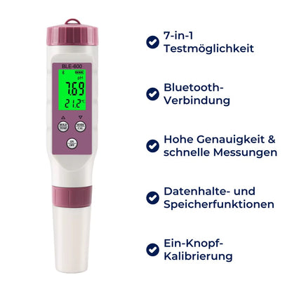 AquaCheck Exklusiv 7-in-1 Wasserqualitätstester – pH, TDS, EC, Temperatur, ORP, Chlor – Für Trinkwasser, Pool, Aquarium, Spa