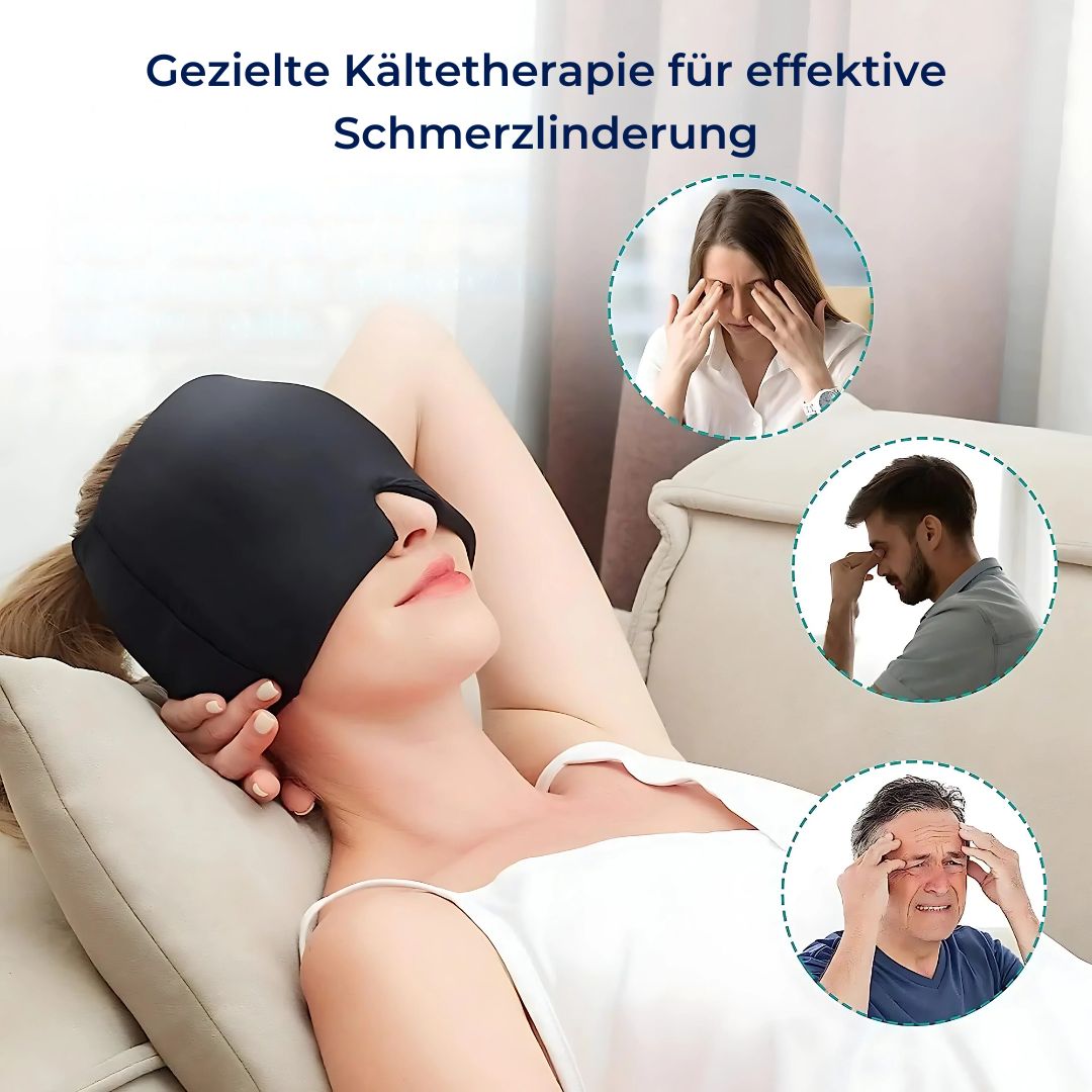 MigraSoothe Exklusiv Gelhaube – Sofortige Linderung bei Kopfschmerzen & Migräne | Kühlender Komfort – Drucktherapie – Lichtabschirmung