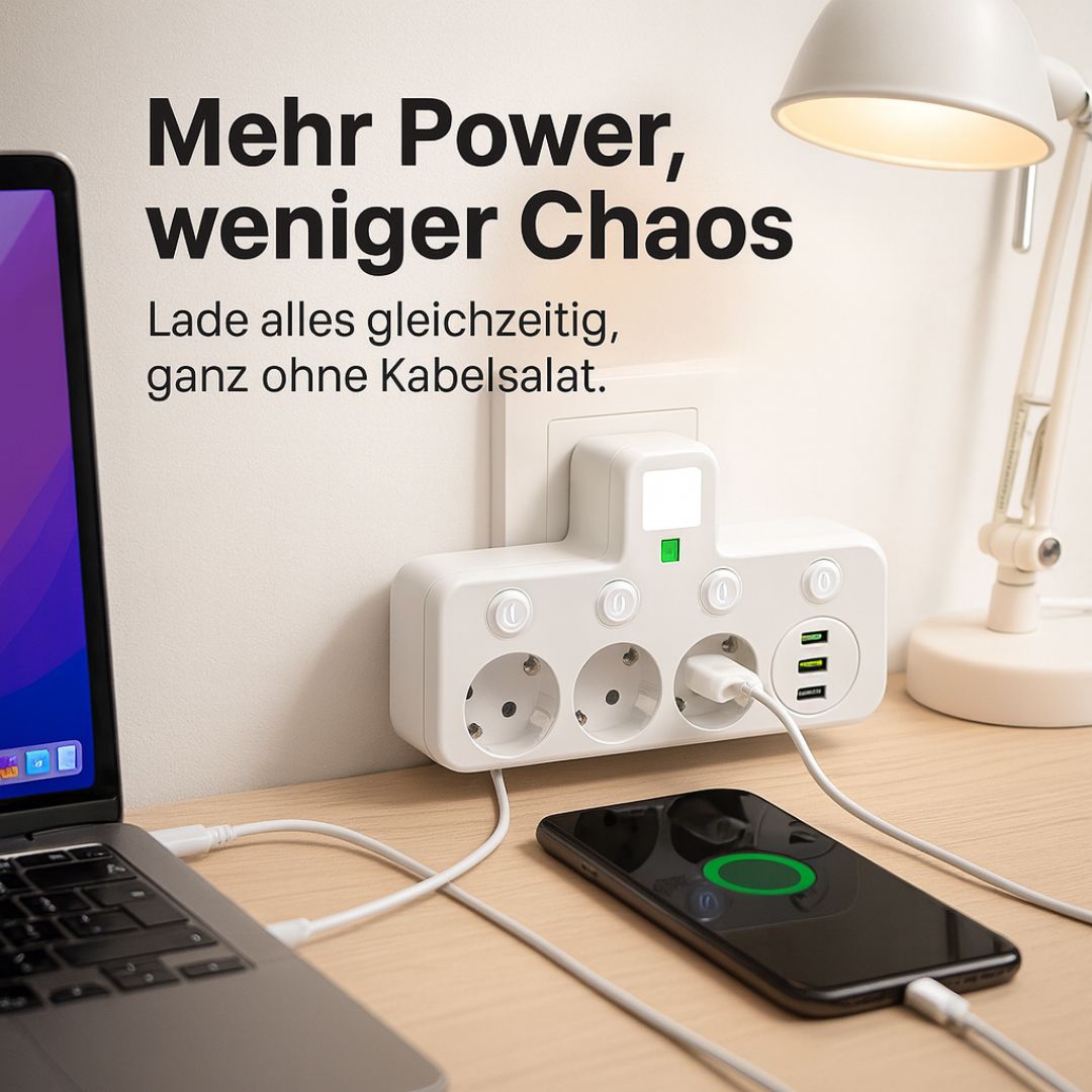 Steckdosenleiste inklusive 3 Steckdose | Mehrfachsteckdose mit USB & Schalter | PowerGrid
