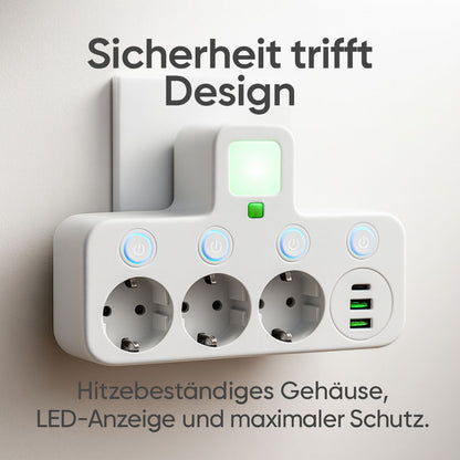 Steckdosenleiste inklusive 3 Steckdose | Mehrfachsteckdose mit USB & Schalter | PowerGrid