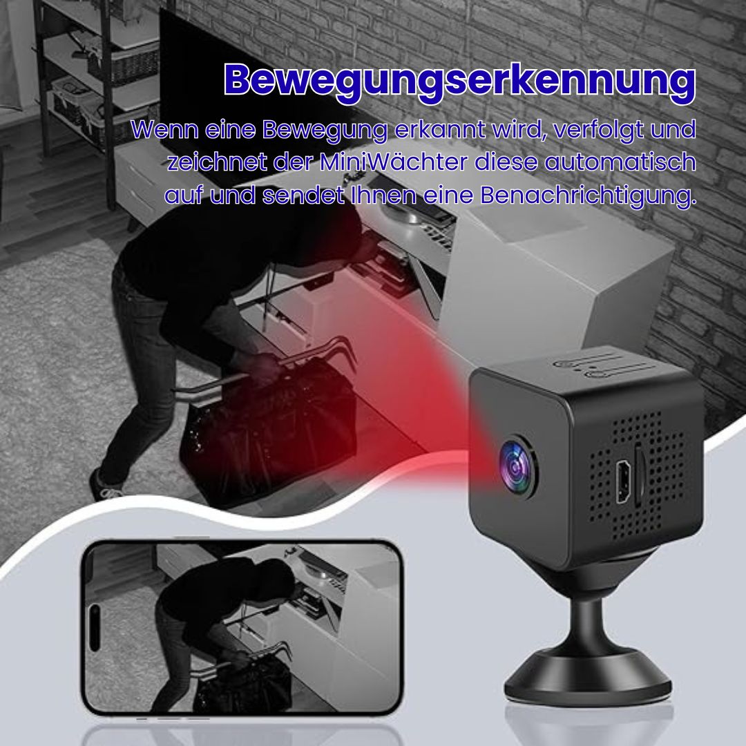 Überwachungskamera für außen & innen | Mini WLAN Kamera mit Live Übertragung auf Handy | Kabellos & Handlich | MiniWächter